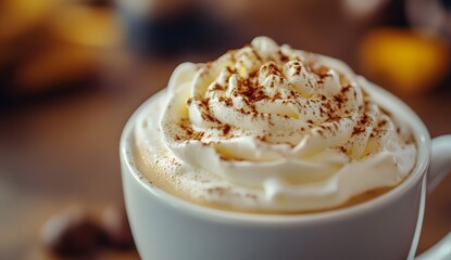 Mug of coffee with whipped cream and cinnamon on a wooden surface.