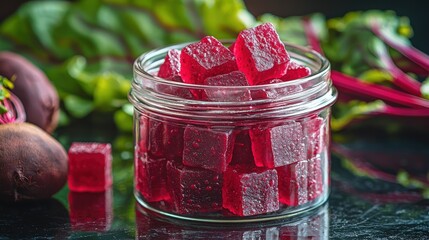 Bright red beetroot gummies in a transparent jar on a reflective surface