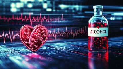 Heartbeat spikes and alcohol bottle highlighting health warning on consumption