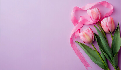 Obraz premium Pink tulips with satin ribbon on a lilac background