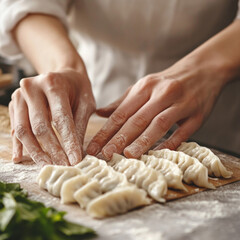 Worker making dumplings by hand in clean food factory, close-up