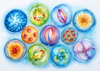 Obraz premium Meiosis Cell Division Stages: Bright Watercolor Educational Biology Illustration