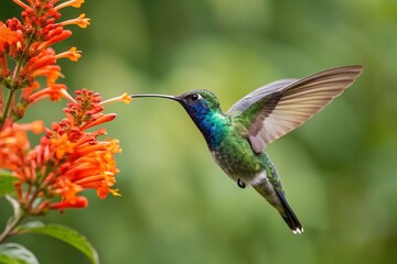Fototapeta premium Sparkling Violetear Hummingbird Feeding On Vibrant Orange Flowers In Lush Green Garden Tropical Beauty, hummingbird, violetear, sparkling violetear, bird, wildlife, animal, nature, flower, orange