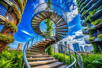 Melbourne Docklands Spiral Staircase to Blue Sky - Public Garden Urban Exploration