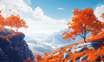 A bright autumn scene from a mountain peak, with orange trees contrasting against the blue sky and distant cliffs.