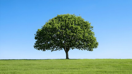 Fototapeta premium Solitary Green Tree On A Grassy Field Under Blue Sky