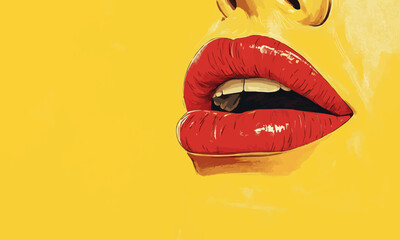 A cartoonish drawing of a woman's mouth with a yellow background