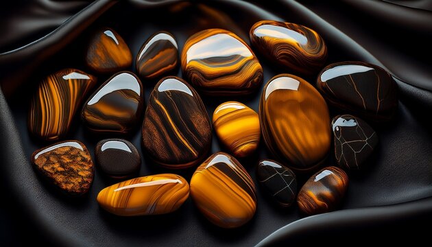 Edelstein: Tigerauge, Trommelsteine auf schwarzem Seidentuch