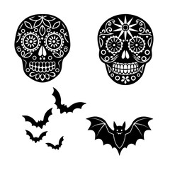 Black vector skull head illustration on an abstract floral background