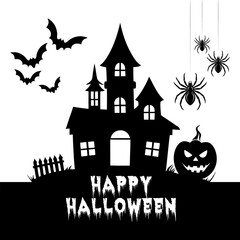 Spooky halloween night vector illustration features a haunted house silhouette under a dark moon with bats and scary autumn trees