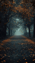 Fototapeta premium A misty autumn path winds through a dark forest tunnel of trees with falling leaves and soft light illuminating the way ahead.