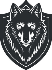Illustration of a fierce wolf's head inside a shield emblem design.