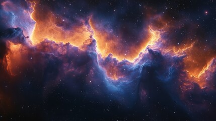 Naklejka premium A mesmerizing cosmic nebula swirling with iridescent hues of deep purples, blues, and fiery oranges, illuminated by radiant energy waves,