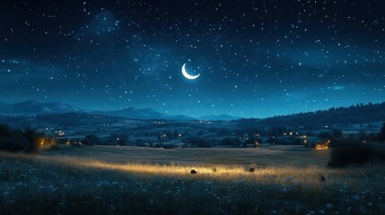 Enchanting Night Landscape with Crescent Moon and Starry Sky Illuminated Field Serene Atmosph