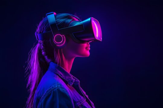 Woman wearing virtual reality headset with pink and blue lighting in dark room.