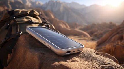 A compact solar power bank lying on the right side of a hiking backpack, rocky terrain background