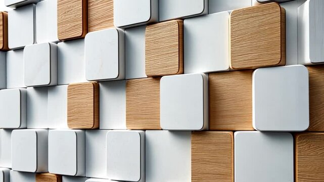 Modern wall design featuring a mix of white and wooden square panels in a contemporary setting