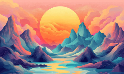 A stunning digital illustration of a surreal landscape with stylized mountains and a large, setting sun.