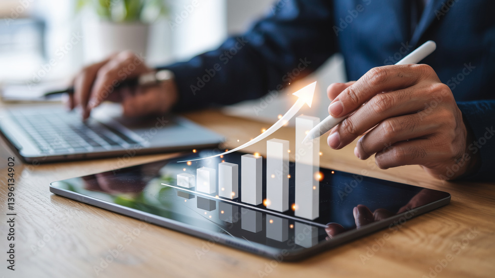 Poster person using a tablet and laptop with a rising bar graph and arrow overlay showing growth trend
