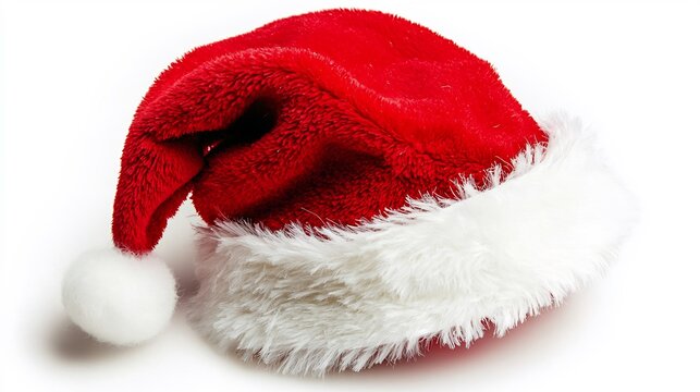 Classic red Santa hat fluffy white trim isolated on a clean white background soft textures and festive vibes