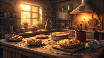 Naklejka premium Rustic kitchen sunset warm golden light illuminating freshly baked apple pies pastries and fruit