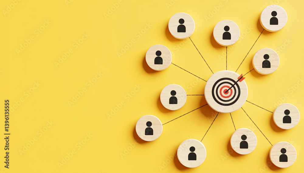 Poster Network of people connected to a target on yellow background representing a business strategy concept