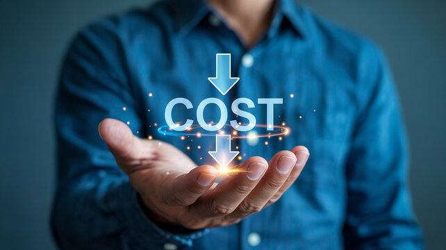 A person holding the word cost with arrows pointing down and glowing effects in their open hand