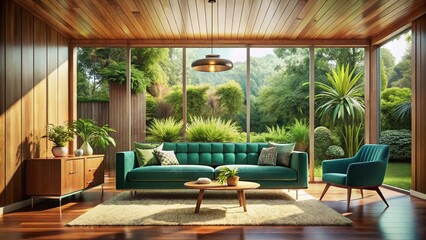 Fototapeta premium Mid-Century Modern Living Room Teal Sofa Wood Paneling Lush Garden View