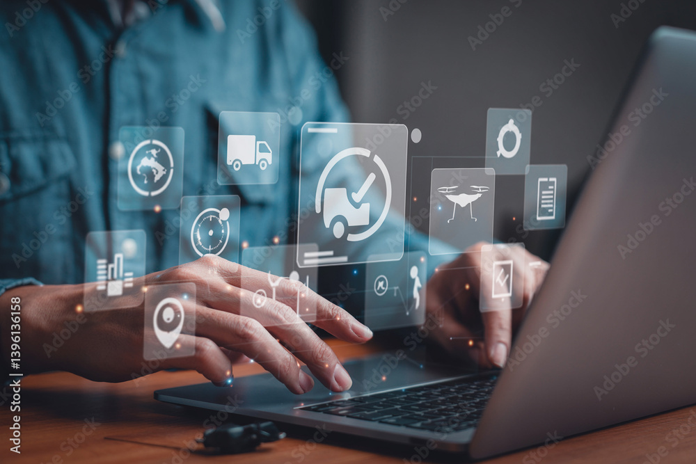 Poster Person using laptop with delivery and logistics icons floating above the keyboard and touchpad