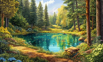 A vibrant summer forest scene unfolds with a crystal clear lake nestled on a sunlit glade surrounded by lush trees and a winding path