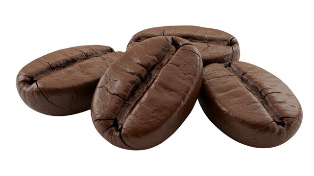 Gros plan sur quatre grains de caf&eacute; torr&eacute;fi&eacute;s fonc&eacute;s isol&eacute;s sur fond blanc texture riche et d&eacute;tail profond