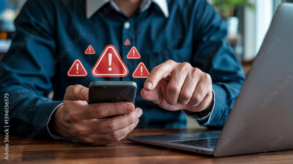 Poster Man using smartphone with red warning signs above it next to a laptop on a wooden table top