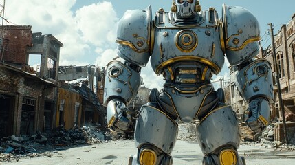 Fototapeta premium Giant robot stands in a ruined city
