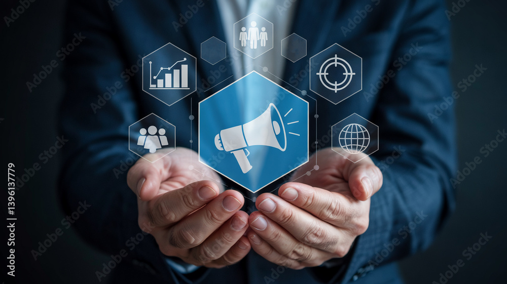 Poster Hands presenting a megaphone icon surrounded by business related symbols in a digital interface
