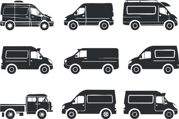 A collection of various van and truck silhouettes ideal for transportation and delivery themes.