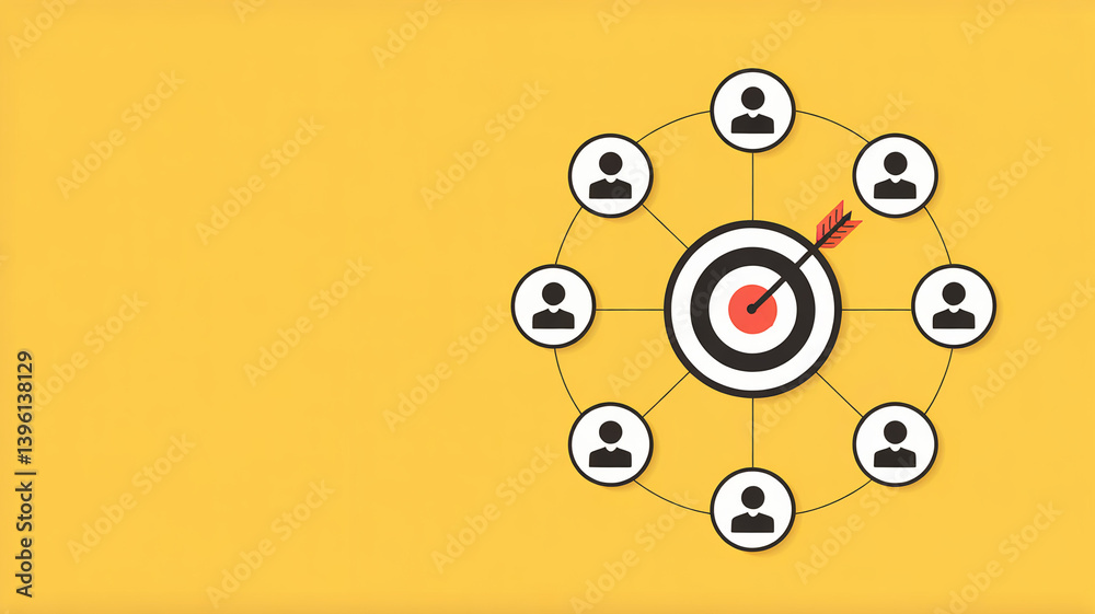 Aufkleber A target with arrow surrounded by people icons connected by lines on a yellow background design