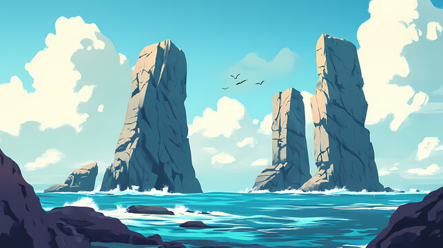 Rocky coastline with dramatic sea stacks scenic outdoor photography portfolios. Tidal Monolith. Illustration