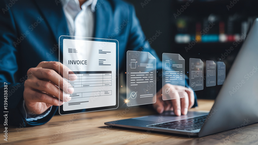 Poster a person in a suit working on a laptop with digital invoice and document icons floating in the air