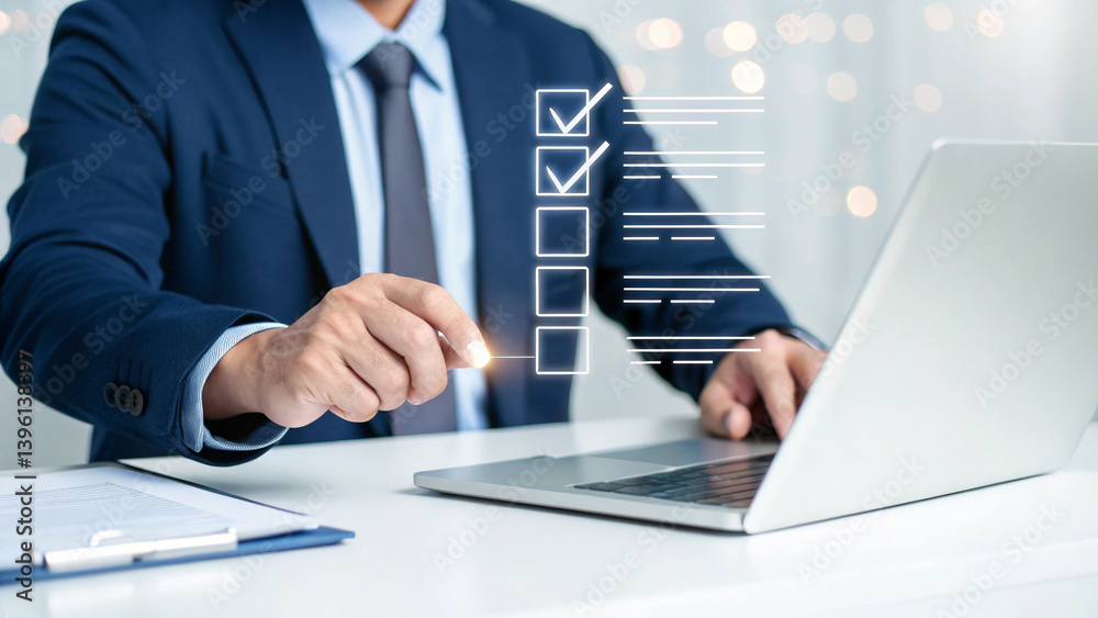 Poster Businessman using laptop with checklist interface in a modern office setting for task management
