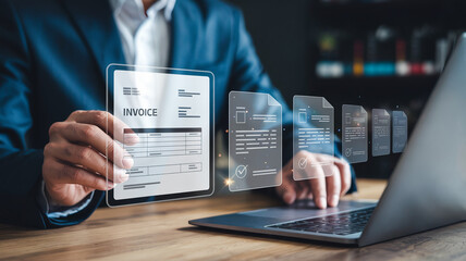 Fototapeta premium A person in a suit working on a laptop with digital invoice and document icons floating in the air