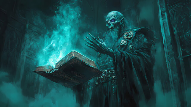 Imposing lich illustration, powerful sorcerer casting spells from an ancient tome. Phantom Spellbook. Illustration