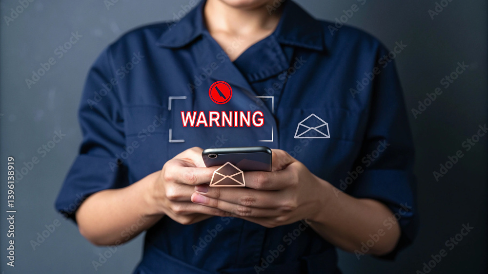 Poster Person holding smartphone with warning notification and email icons displayed on the screen near hands