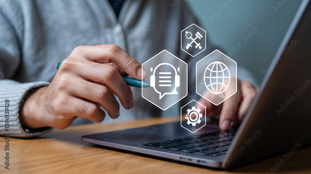 Poster Person using laptop with floating icons representing global communication and technology tools