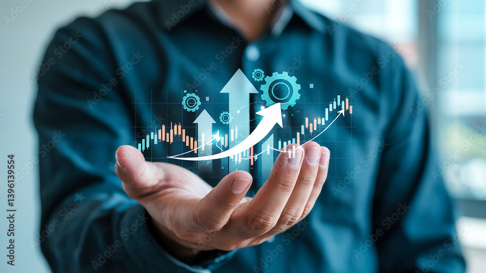 Poster A hand holding arrows and a stock chart indicating growth and progress in a business setting view