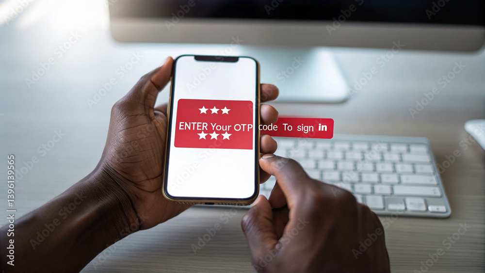 Aufkleber Person holding a smartphone displaying an otp code prompt with a computer in the background setup