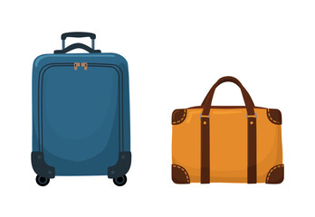 Set of travel bags. Travel suitcase and trolley bag with handle. Vector flat illustration with luggage. Carry-on baggage. EPS 10