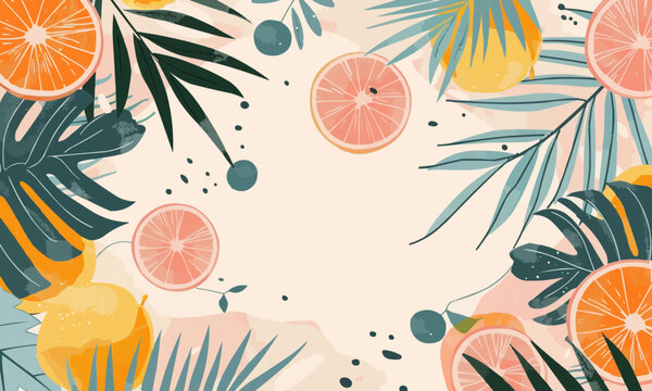 Abstract tropical palm leaves and exotic fruits, providing a festive and exotic background for a summer or beach-themed party. simple minimalist illustration creative