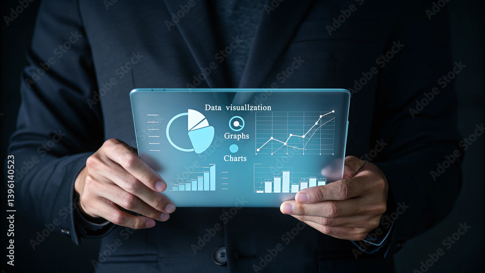 Aufkleber A person in a suit holding a digital tablet displaying data visualization graphs and charts analysis