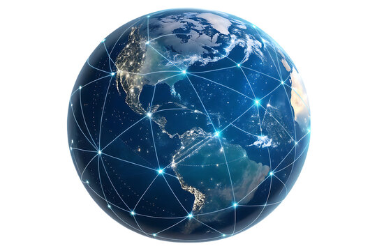 Global network connection: earth globe with digital communication lines on transparent background