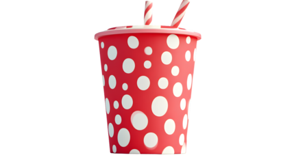 A vibrant red polka dot cup with striped straws perfect for summer drinks and festive occasion